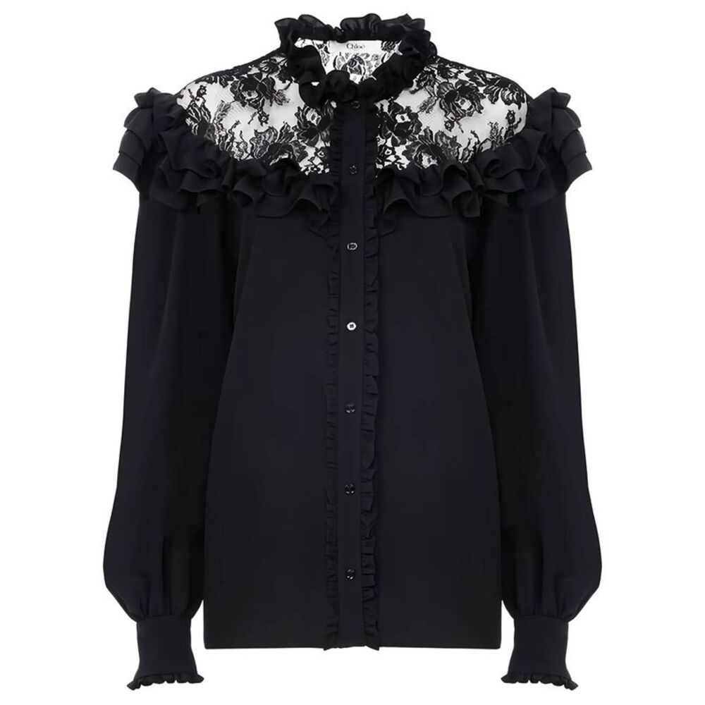 Chloe Women Blusa A Collo Alto Con Volant In Crêpe De Chine E Pizzo
